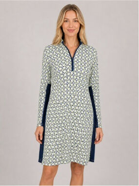 SanSoleil Blue Green Chain Link Zip Mock Neck Golf Dress Long Sleeve Size XL
